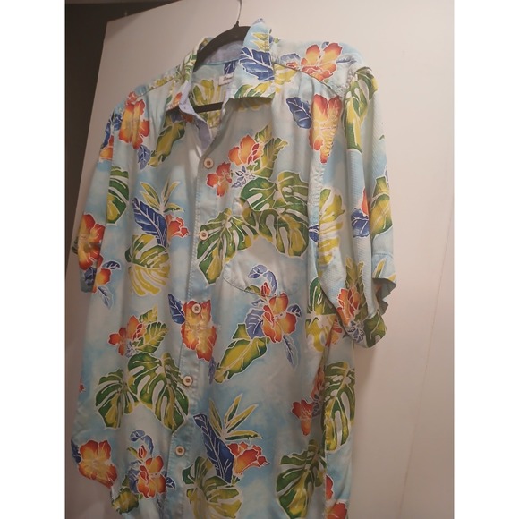 Tommy Bahama Silk Shirt Mens M Hawaiian Botanical Floral Fern Blue Button Up - Picture 6 of 8